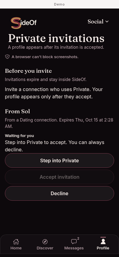 Actual Private invitation review screen, fictional demo data